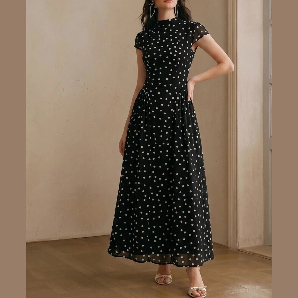 Black Polka Dot Stand Collar Cap Sleeve Fit and Flare Maxi Dress